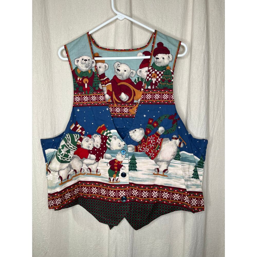 1990s Art To Wear Polar Bears Christmas Musician Nordic Fair Isle Scenic Vest XL